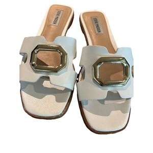 Steve Madden‎ Women's Harlene Sandal White Leather 8.5 Slide Gold Trim Cutout